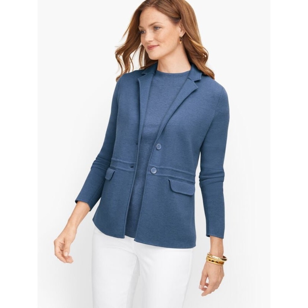 Talbots Petite Blue Merino Wool Sweater Blazer Jacket Mock Neck Size P
